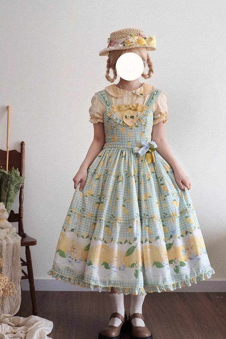 Verdant Printed Ruffle Bow Lace Sweet Long Jumper - Lemon Chicken