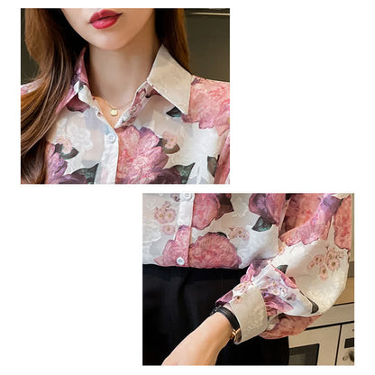 Pink Floral Embroidery Puff Sleeve Chiffon Shirt Workwear