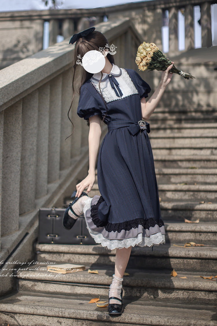 Blue [Phyllis] Lapel Collar Short Sleeves Printed Bow Classic Vintage Elegant Lolita Dress