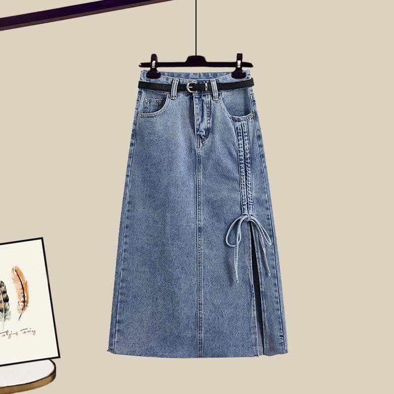 Fake Two Pieces Crop Top  T-Shirt Split Denim Skirt