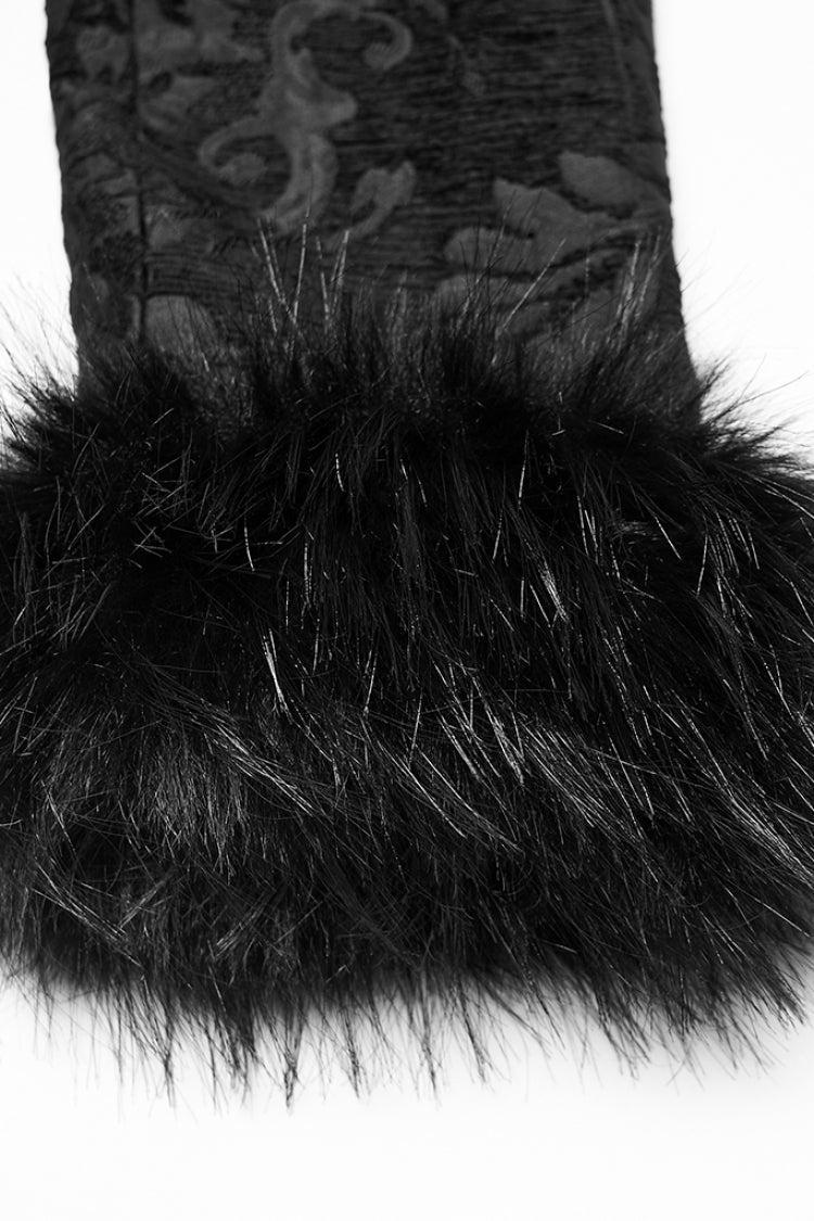 Men's Gothic Long Coat with Faux Fur Collar, Jacquard & Zipper in Black