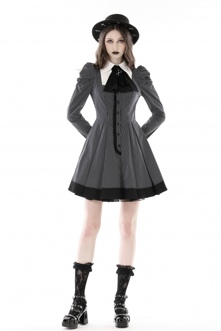 Black/White Notch Collar Puff Sleeve Gothic Striped Preppy Dress