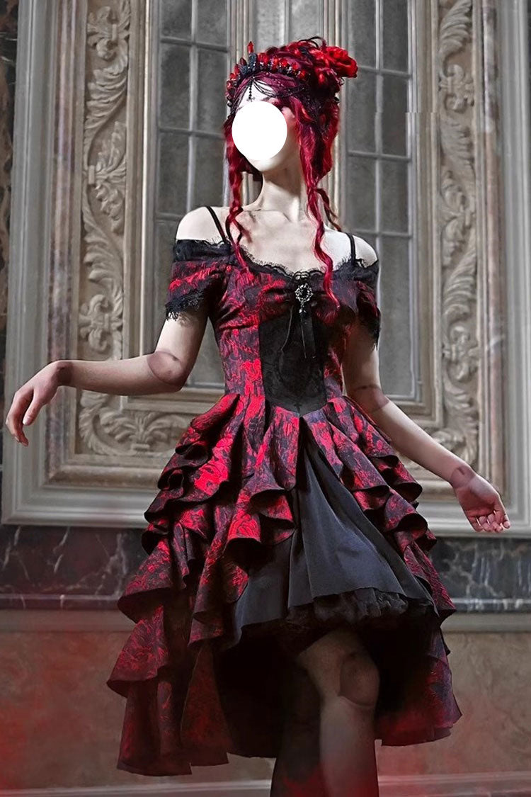 Black Red Feast in Hades Short Sleeve Print Ruffle Cardigan Dress