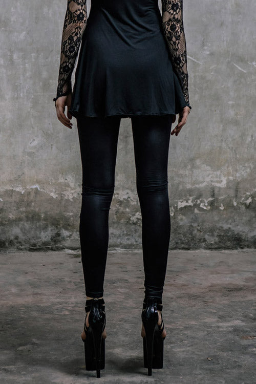 Women's Gothic Knit Pants in Black with Mesh Splice & Lace-Up Front