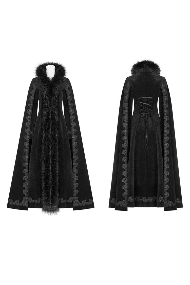 Gothic Fur Collar Slit Cloak Sleeve Back Lace-Up Faux Cashmere Long Coat