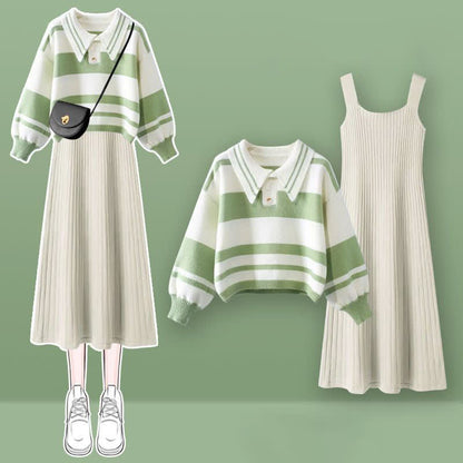 Stripe Green Colorblock Sweater Slip Dres Set