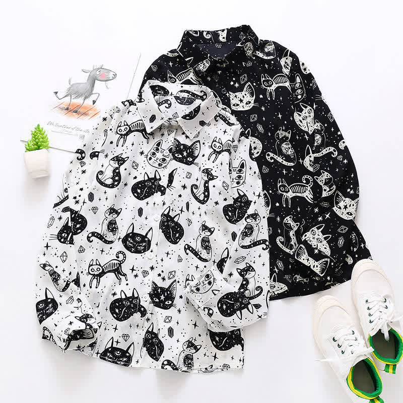 Black White Kitty Print Lapel Chiffon Shirt