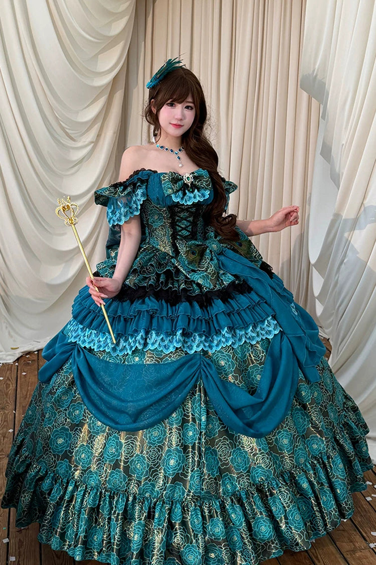 Blue/Green [Peacock Spirit Princess] Sleeveless Multi-Layered Ruffled Bow Lace-Up Classic Elegant Lolita Jsk Dress