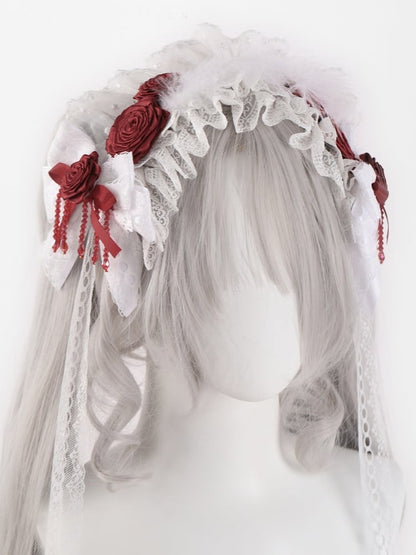 White Bowknots with Red Rosettes and Beads Hairband