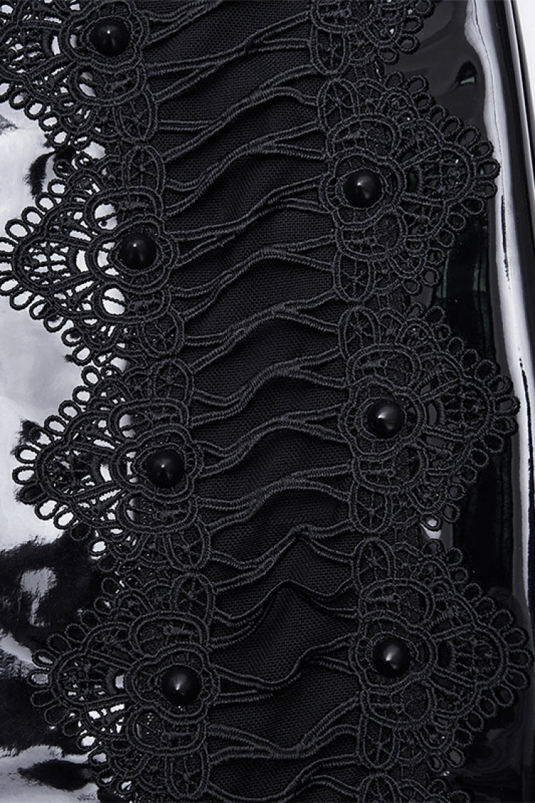 Noir Lace-Trimmed Faux Leather Gothic Midi Skirt - Dark Elegance