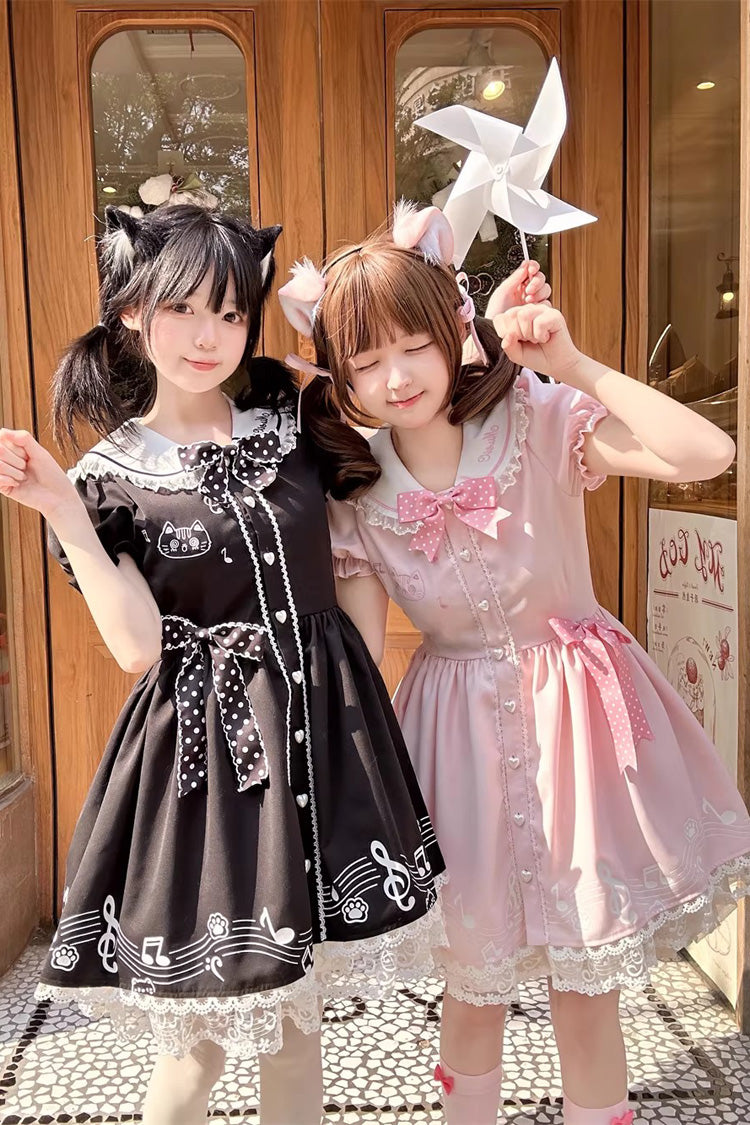 Pink Melody Kitty Doll Collar Short Sleeves Ruffled Embroidered Bow Lace Sweet Dress