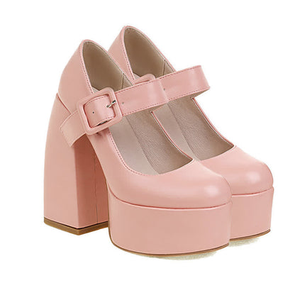 Pure Color Chunk High Heel Mary Janes Shoes