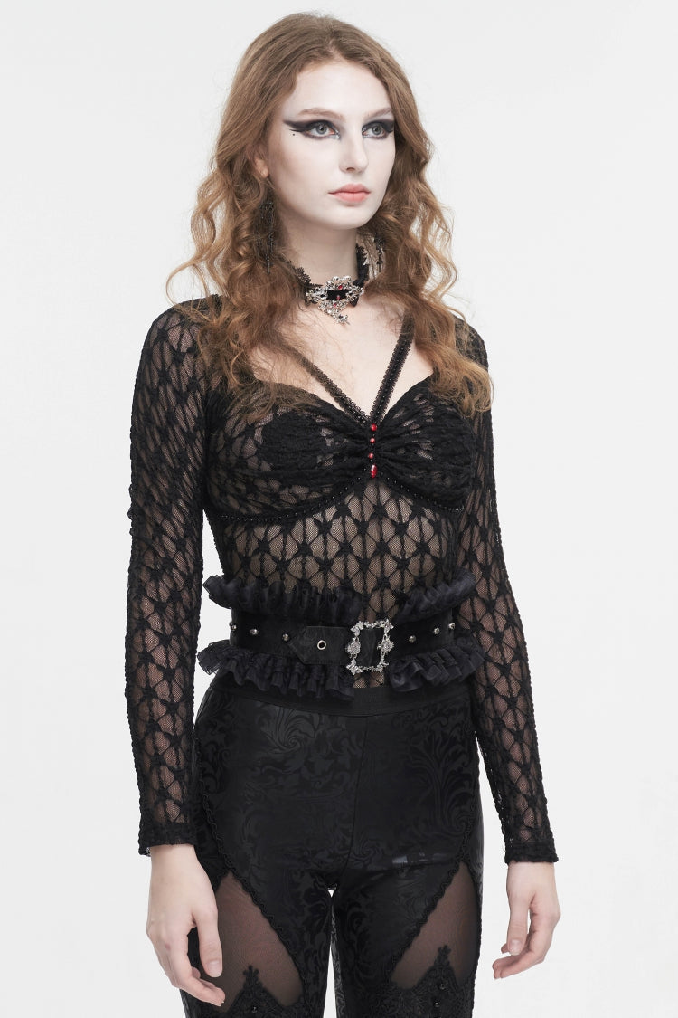 Noir Gothic Faux Leather Belt with Lace Detailing