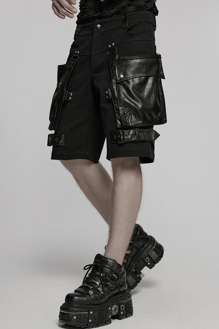 Men's Punk Shorts with Faux Leather Trim & Oversized Pockets