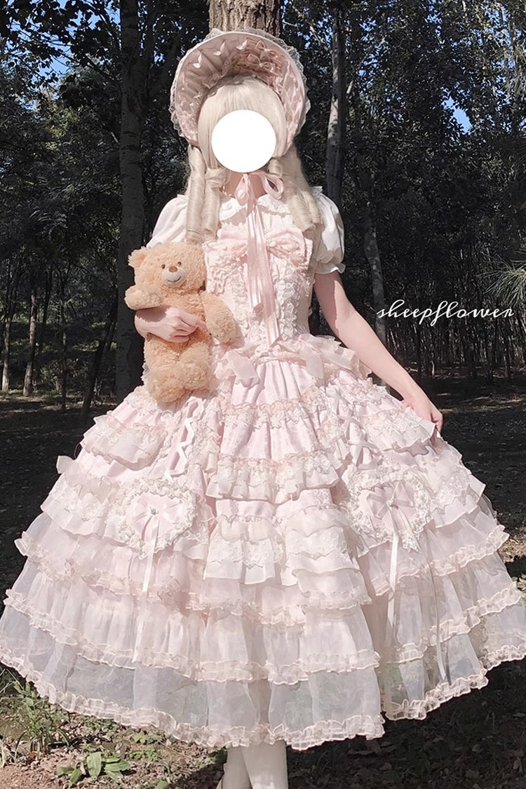 Rosy Ruffle Cascade Bow Embellished Sweetheart Lolita Jumper Dress - Sweetheart Diary