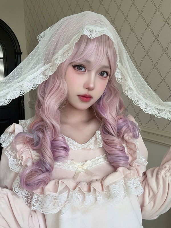 Macaroon Color Pink Purple Long Wavy Synthetic Wig With Bangs