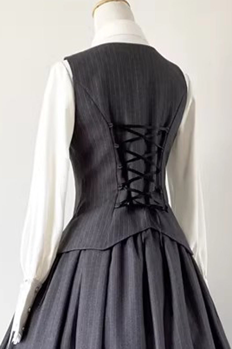 Ash Striped Gothic Skirt-Vest Ensemble with Ruffle Trim