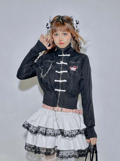 Black High Neck Chain Kitty Top