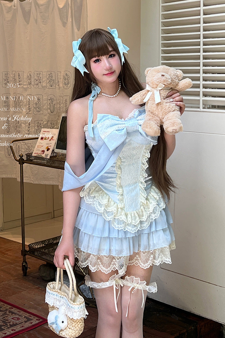 Blue Sleeveless Double-Layered Lace Sweet Lolita Skirt Set