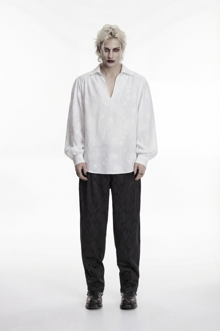 Ivory Embroidered Gothic Shirt with Lantern Sleeves and Print