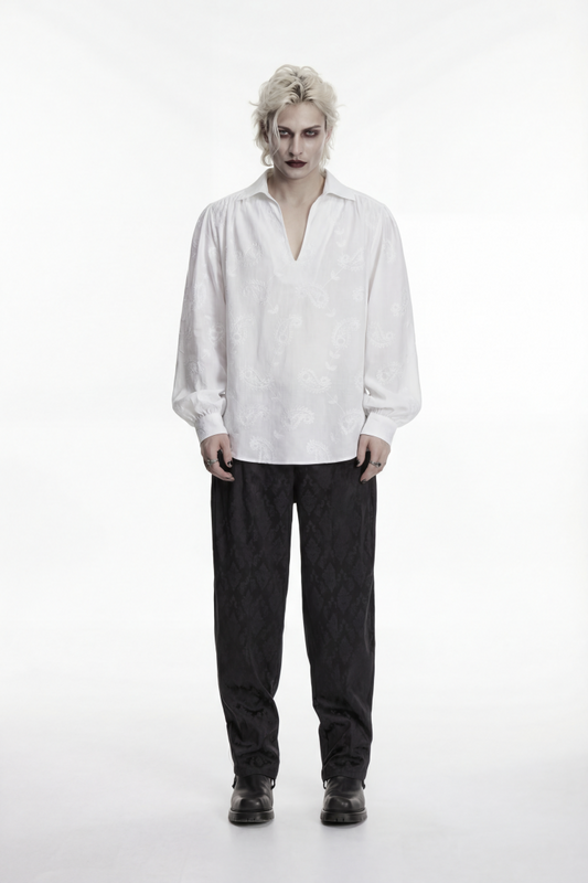 Ivory Embroidered Gothic Shirt with Lantern Sleeves and Print