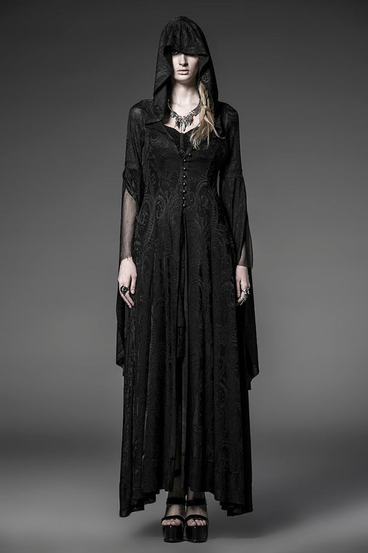 Women's Gothic Dress with Hooded Metal Buckle Long Trumpet Sleeves Embroidery