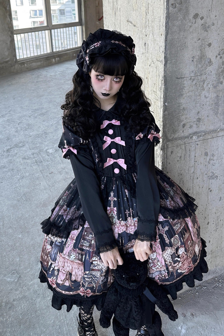 Ruffled Lace Dress with Bowknot and Missing Lamb Print