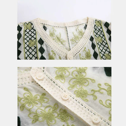 Green Graphic Embroidery Puff Sleeve T-Shirt High Waist Skirt