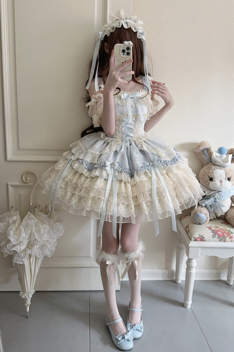 Azure Sleeveless Layered Ruffle Bow Lace Corset Ballet Jumper Dress - Ribbon Heart Love