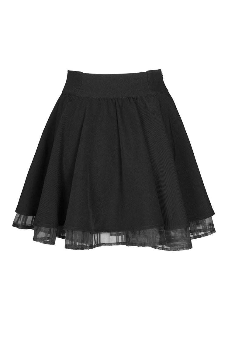 Women's Punk Skirt in Black with Metal Buckle Loops, High Waist & Mesh Splice