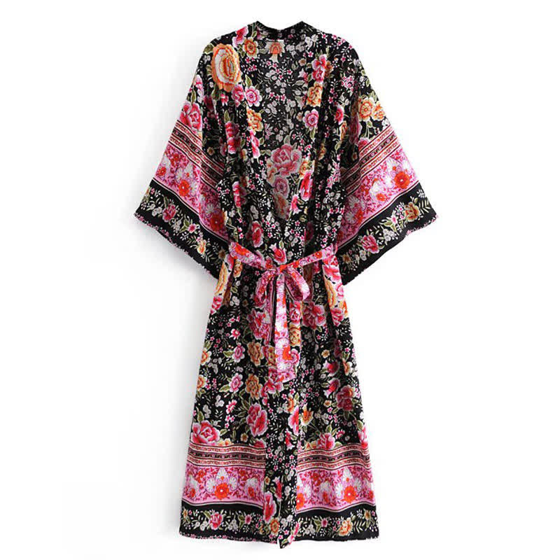 Boho Beach Print Belt Robe Long Cardigan Outerwear