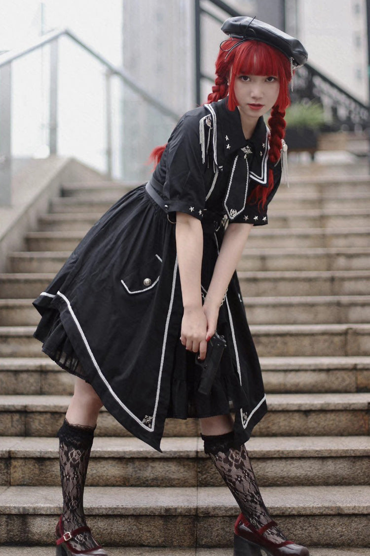 Military-Style Gothic Dress with Cardigan and Lace Accents