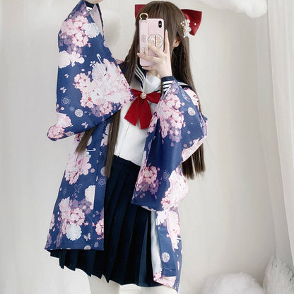 Cat Sakura Print Loose Cardigan Kimono Outerwear