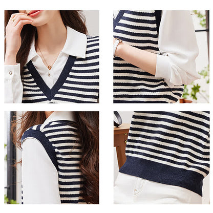 Stripe Fake Two Pieces Knit White Lapel Shirt