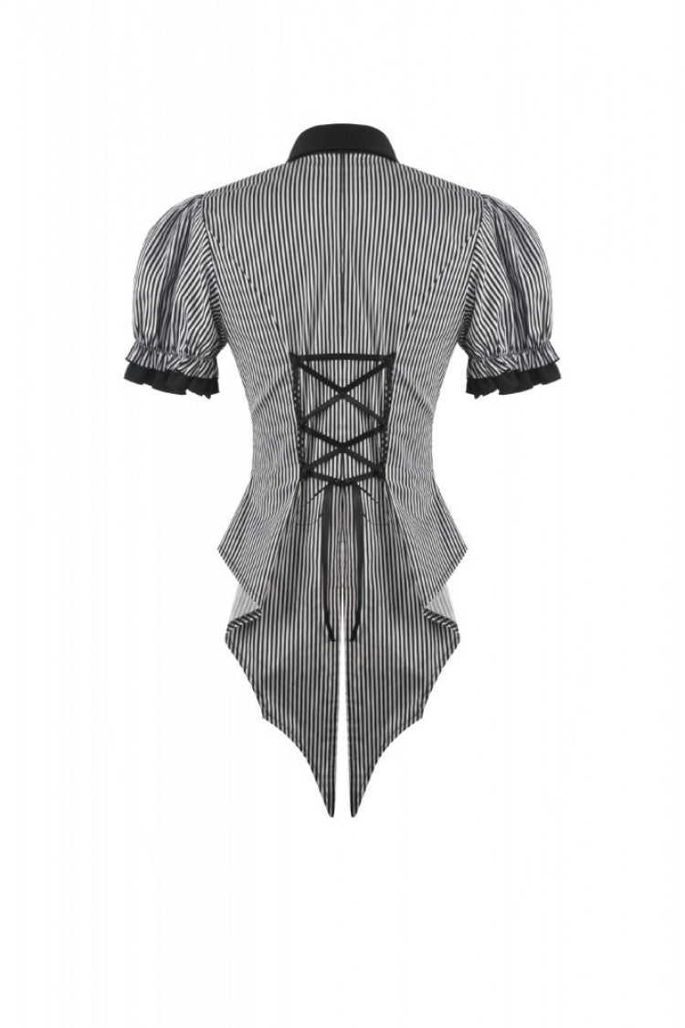 Monochrome Preppy Swallow-Tailed Blouse with Pinstripes and Detachable Tie
