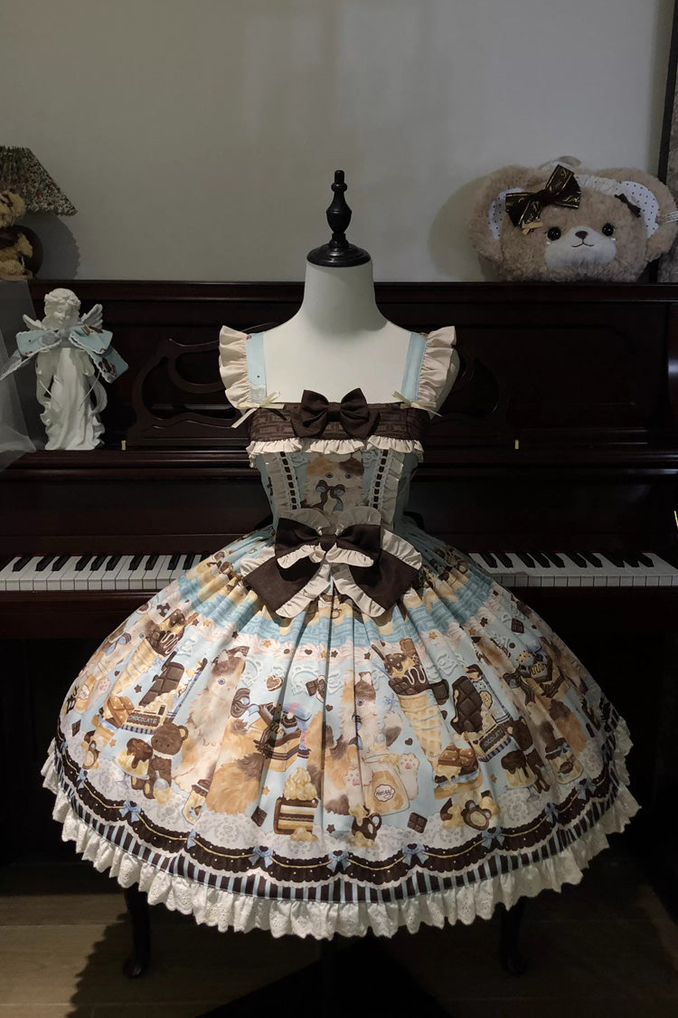 Square Collar Sleeveless Ruffled Bow Daily JSK Dress in 2 Colors - Chocolate Cake Party
