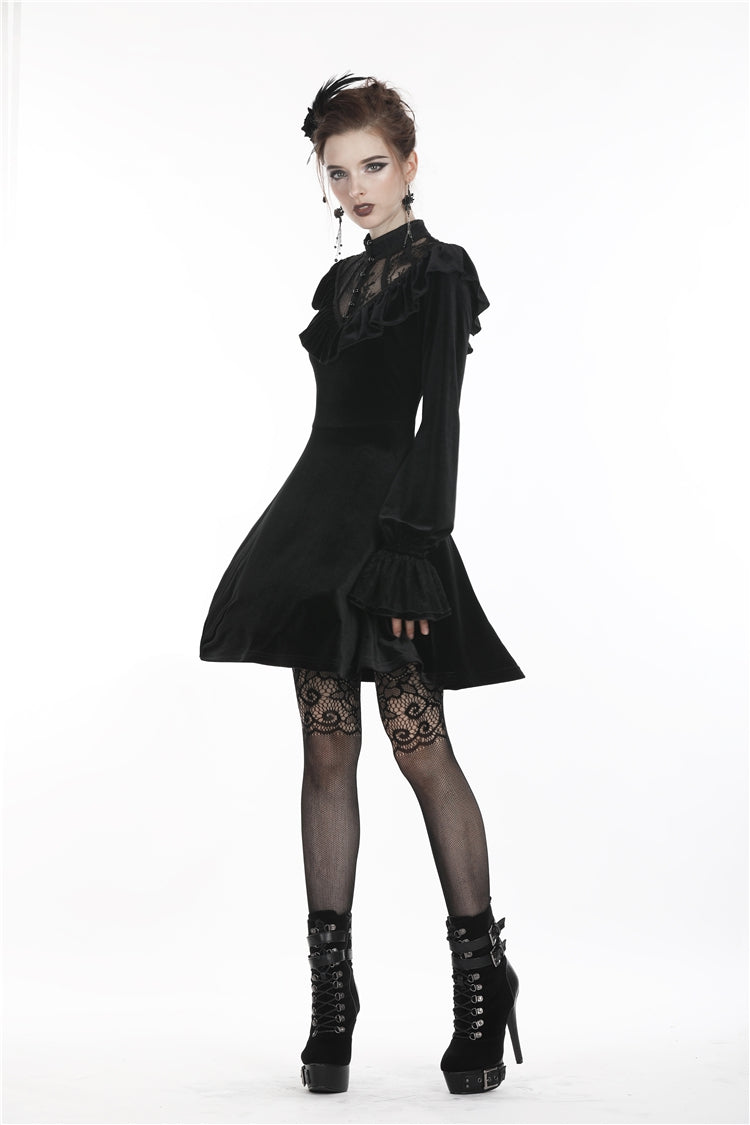 Black V-neck Long Sleeves Ruched Ruffled Lace Women's Lolita Gothic Velvet Dress