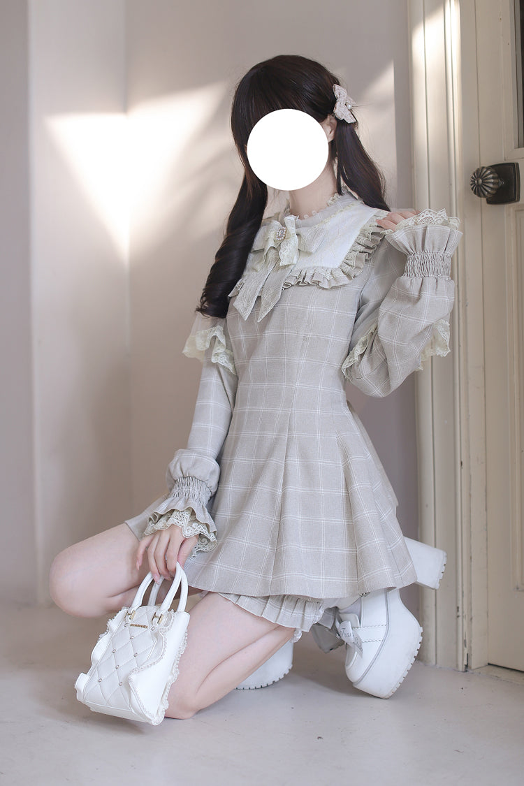 Light Brown Long Sleeve Plaid Print Ruffled Bow Jirai Kei Dress