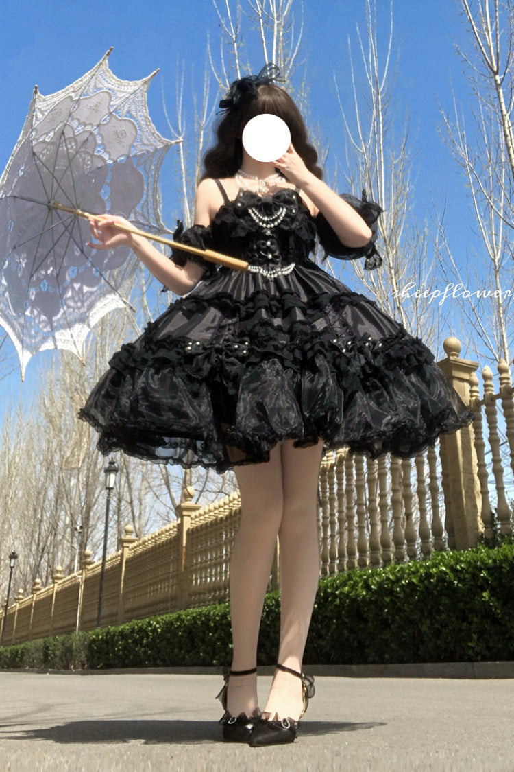 Black [Spring Cherry Snowfall] Off Shoulder Short Sleeves Multi-Layered Ruffled Bow Gothic Lolita Jsk Dress