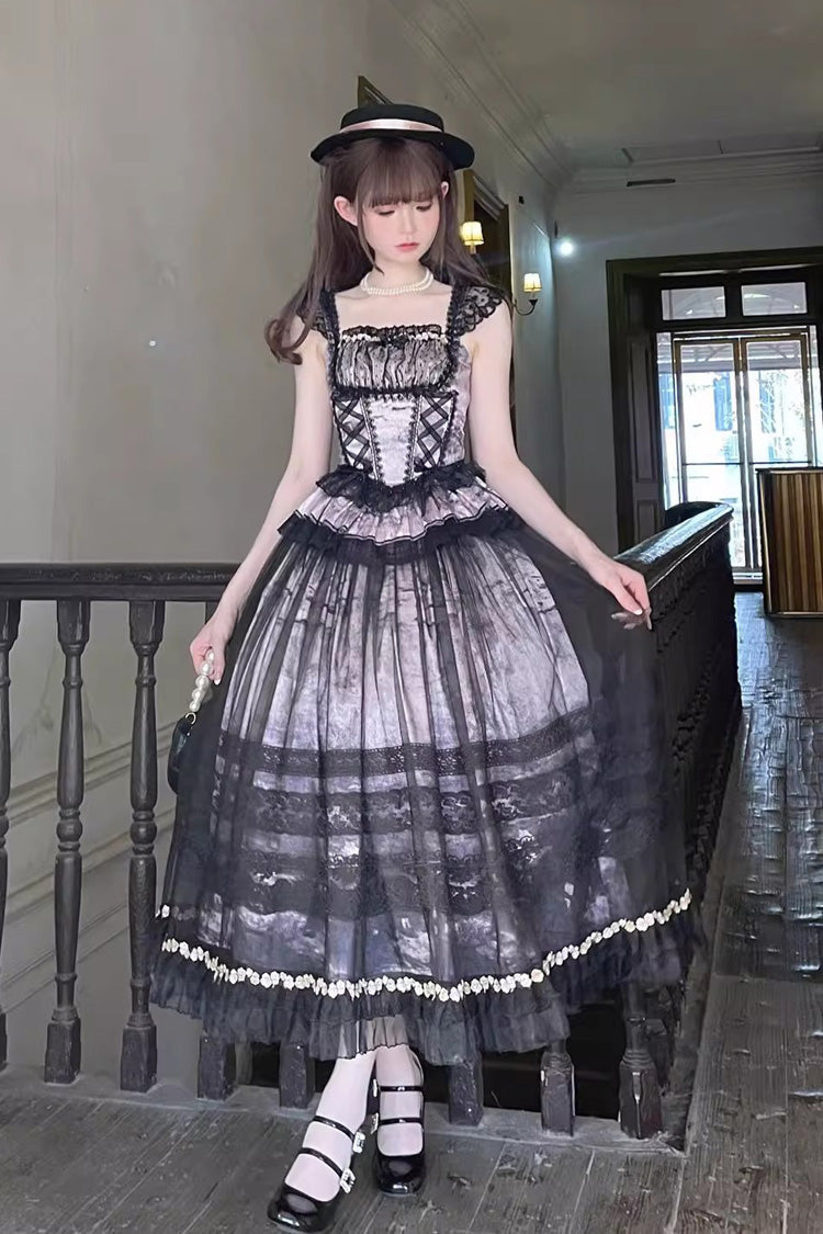 Sweet Lolita JSK Dress with Ruffle Bowknot, Lace-Up, Grey/Pink Mist Vineyard