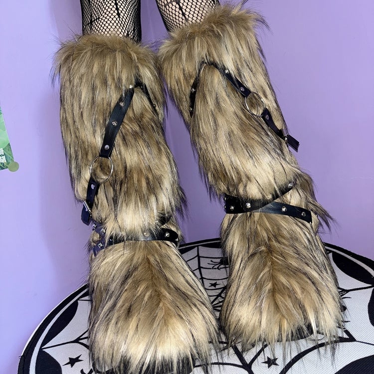 Yellow White Gray Strap Shaggy LegWarmers