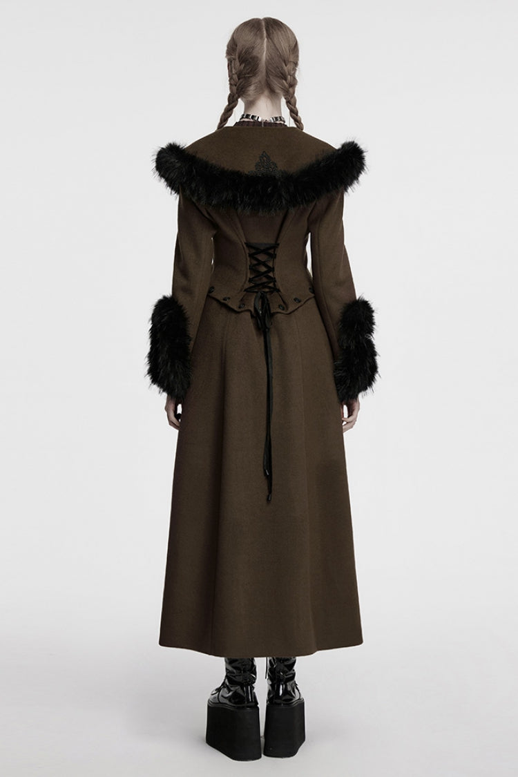 Detachable Faux Fur Trimmed Gothic Coat with Lace-Up Details