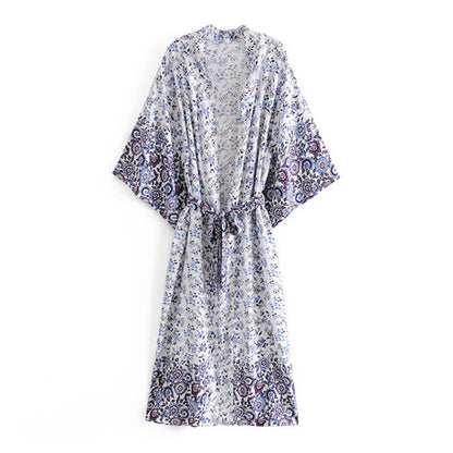 Boho Beach Print Belt Robe Long Cardigan Outerwear