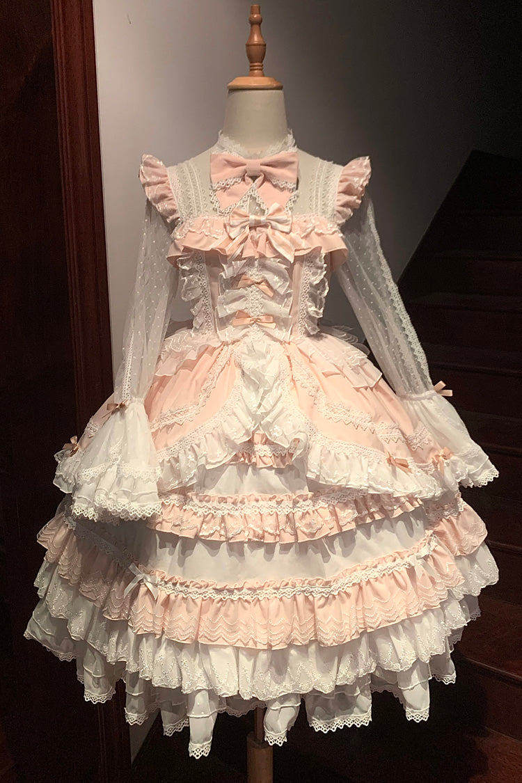 Pink Long Sleeve Layered Ruffle Bow Lace Sweet Dress