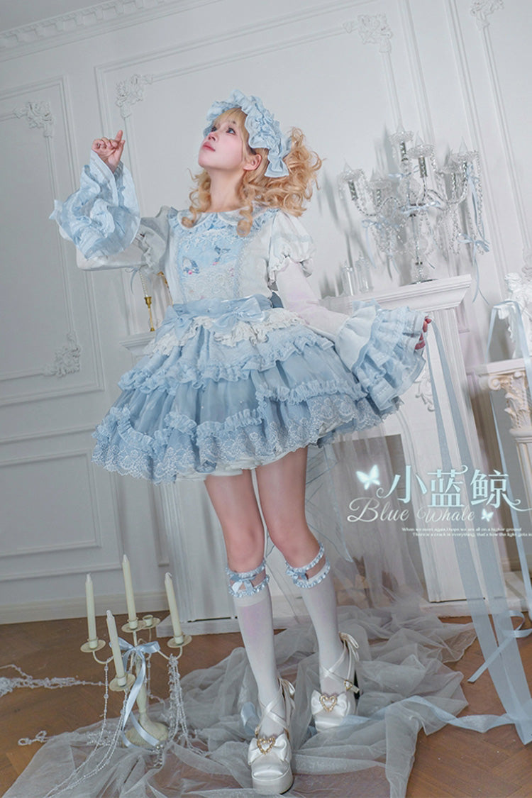 Whale Lapel Collar Short Sleeve Triple Ruffle Embroidered Sweet Lolita Dress
