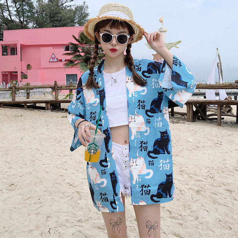 Cute Blue Cat Print Casual Kimono Outerwear