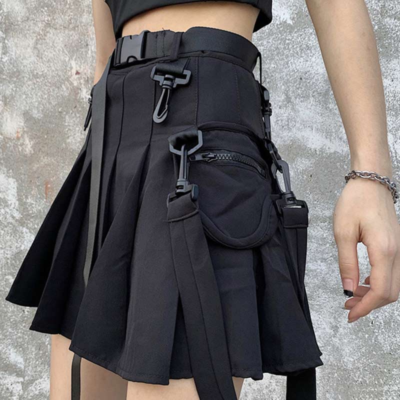 Chic Black Pocket Belted A-line Pleated Skirt