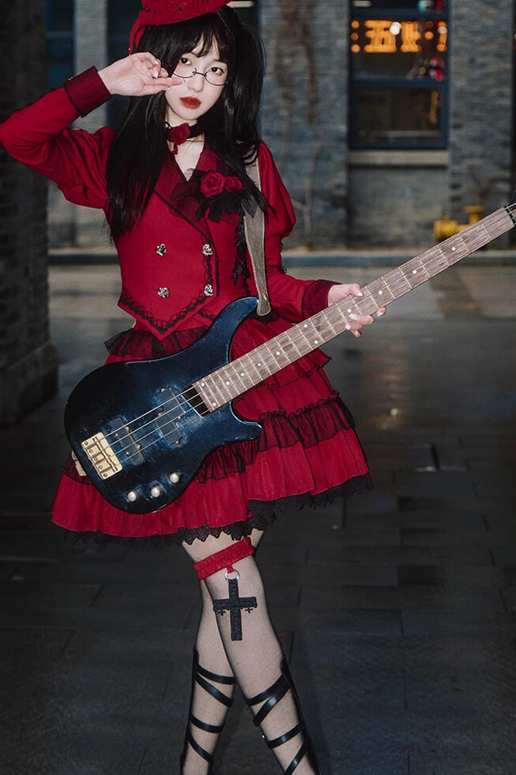 Red Gothic Punk Skirt Set with Removable Corsage and Long Sleeves