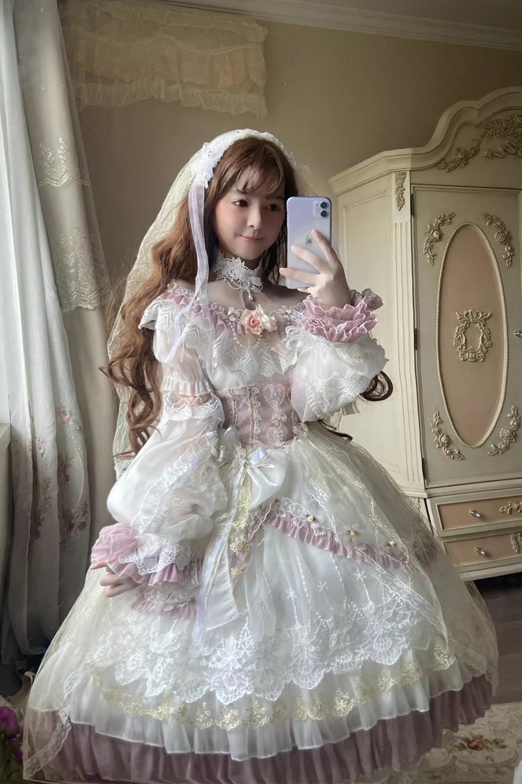 Elizabeth Tea Party Multicolor Short Sleeve Ruffle Bridal Bow Stitched Lace Lolita Gown