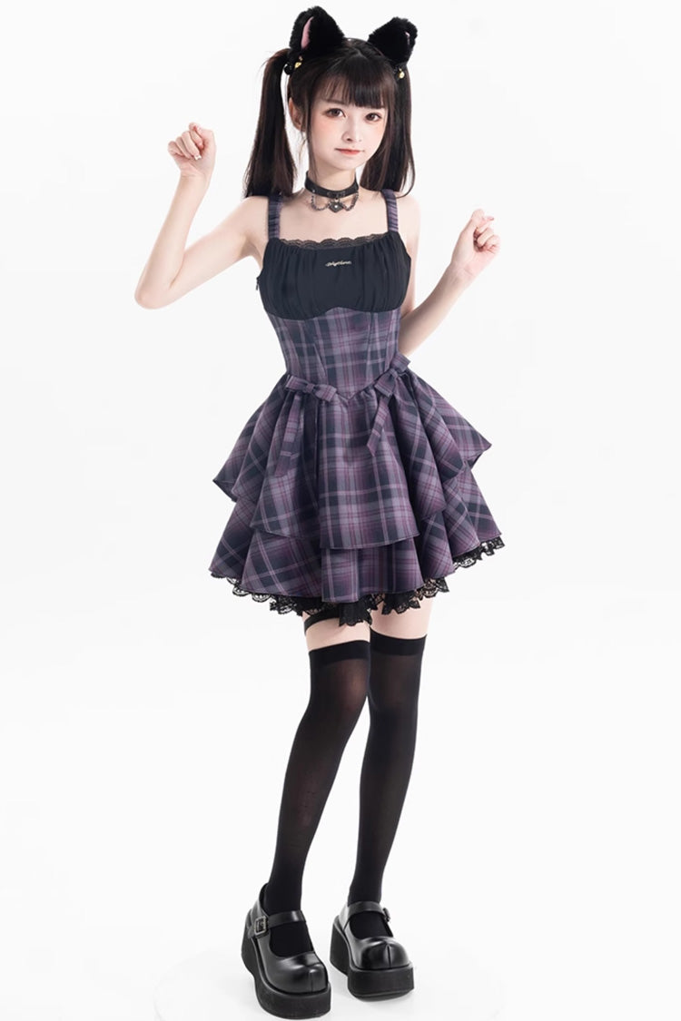 Purple Magic Cat Double-Layered Stripe Print Bow Sweet Lolita Jumper